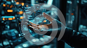 Software engineer using futuristic interactive screen with data and code