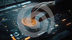 Software engineer using futuristic interactive touchscreen interface