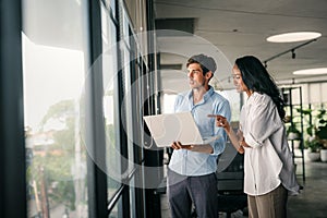 Software engineer using laptop computer with global network connection, Technology, innovation