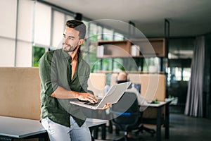 Software engineer using laptop computer with global network connection, Technology, innovation