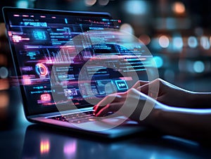 Software engineer working on innovative holographic software using laptop computer