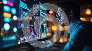 Software engineer working late analyzing code and graphs on computer screen