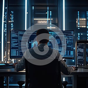 Software engineer working with source code on computer in server room