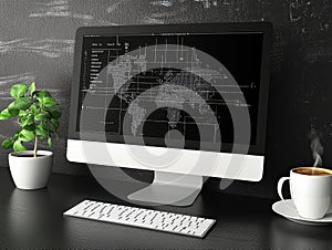 Software engineer writing code on desktop computer in modern office. Develop software concept