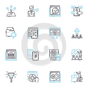 Software engineering linear icons set. Coding, Debugging, Programming, Algorithms, Architecture, Development, Testing