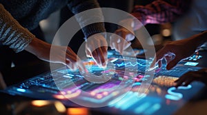 Software engineers analyzing data on futuristic touchscreen interface