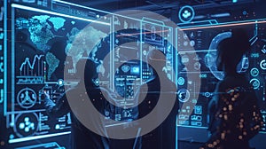 Software engineers analyzing data on futuristic transparent display in control room