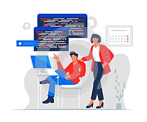Software engineers or developers coding and testing a computer program, flat vector