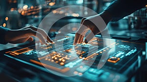 Software engineers developing futuristic interface on transparent touchscreen display