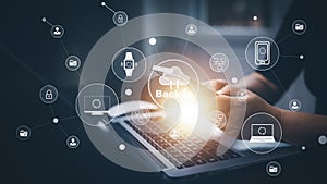 Software Internet data storage backup, Businessman using a computer to backup storage data Internet technology for backup online d