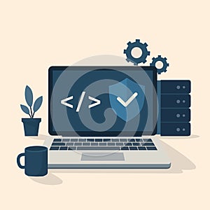 Modern Flat Illustration of Secure Software Development Environment on Laptop