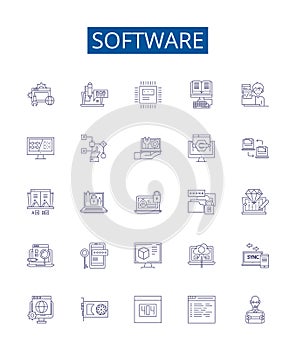 Software line icons signs set. Design collection of Software, program, applications, code, executable, software system