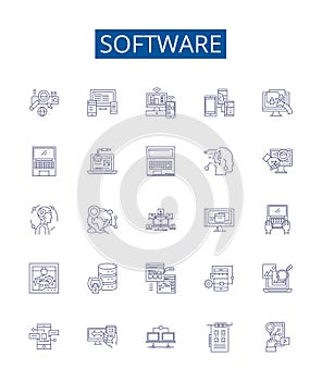 Software line icons signs set. Design collection of Software, program, applications, code, executable, software system