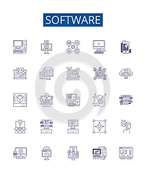 Software line icons signs set. Design collection of Software, program, applications, code, executable, software system