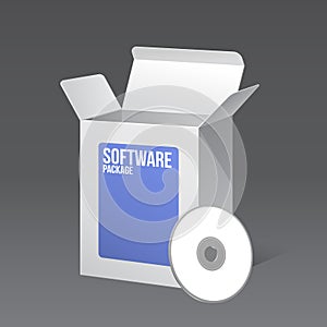 Software Package Carton Blank Box Opened And Blue With CD Or DVD Disk