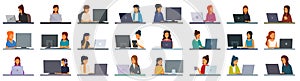 Software programmer girl icons set cartoon vector. It profession