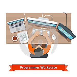 Software programmer typing code or debugging