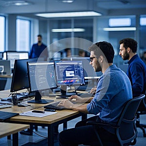 Programmers cooperating brainstorming at information technology company