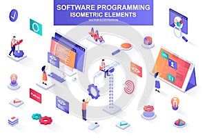 Software programming bundle of isometric elements. Program languages, developer, software engineering, back end