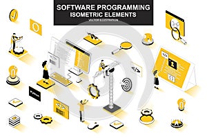 Software programming bundle of isometric elements. Program languages, developer, software engineering, back end development