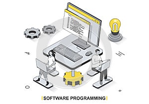 Software programming concept in 3d isometric outline design