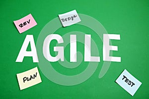 software scrum agile board with paper task, agile software development methodologies concept, closeup