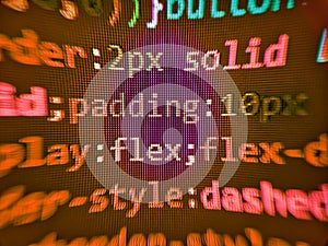 Software source code software background. Programming Coding with editor colorful themes. HTML CSS3 source code on lcd screen with