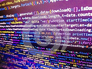 Software source code. Computer code language on a computer screen. Innovative startup project. Writing programming code. Script on
