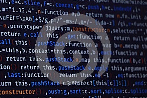 Software source code. Programming code. Programming code on computer screen. Developer working on program codes in office. Source