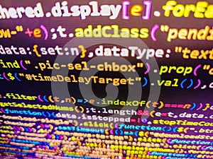 Software source code. Web abstract programming and created virus on laptop screen. Programmer working in computer screen.