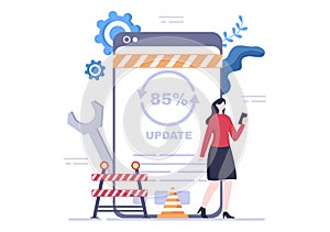 Software System Under Maintenance Vector Illustration. Error Website, Development and Update Webpages on Mobile Application