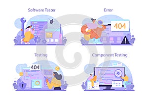 Software tester concept set. Application or website code testing.