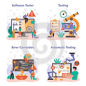 Software tester concept set. Application or website code testing.