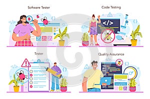 Software tester concept set. Application or website code testing.