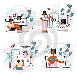 Software tester online service or platform set. Application or website code