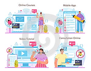 Software tester online service or platform set. Application or website