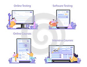 Software tester online service or platform set. Application or website