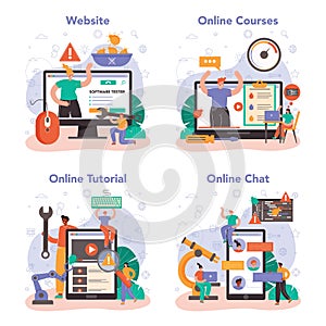 Software tester online service or platform set. Application or website