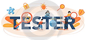 Software tester typographic header. Application or website code test process