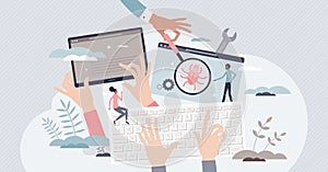 Software testing as website check for bugs or errors tiny person concept