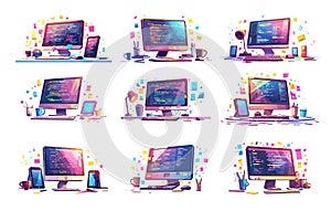 Software testing cartoon vector concepts. Screen tablet monitor plant desk lamp pc wires desktop, qa code check