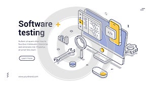 Software testing coding programming isometric web banner design template line vector illustration