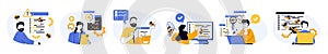 Software testing concept set in flat web design. Collection with people searching bugs in program code, fixing mistakes