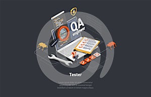 Software Testing Concept. Software Tester Testing Programs, Debugging And Make Functional Test. Software Quality