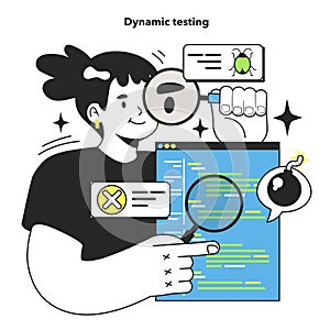 Software testing and debugging. IT specialist searching for bugs using