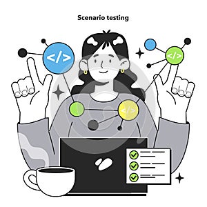 Software testing and debugging. IT specialist searching for bugs using