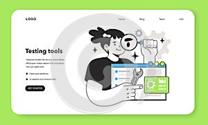 Software testing and debugging web banner or landing page. IT specialist