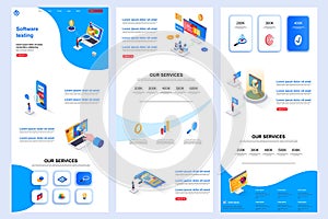 Software testing isometric landing page. Programs debugging and optimization corporate website design template. Web