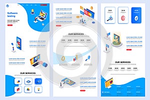 Software testing isometric landing page. Programs debugging and optimization corporate website design template. Web banner