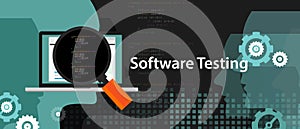 Software testing looking closer close-up to the source code script to find bug